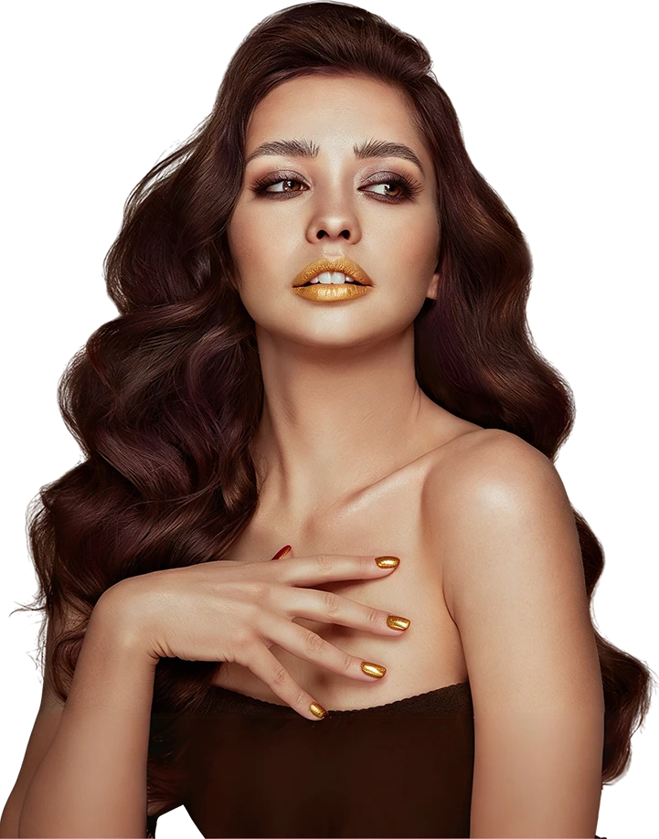 Woman in Brown Dress with Gold nails and lips