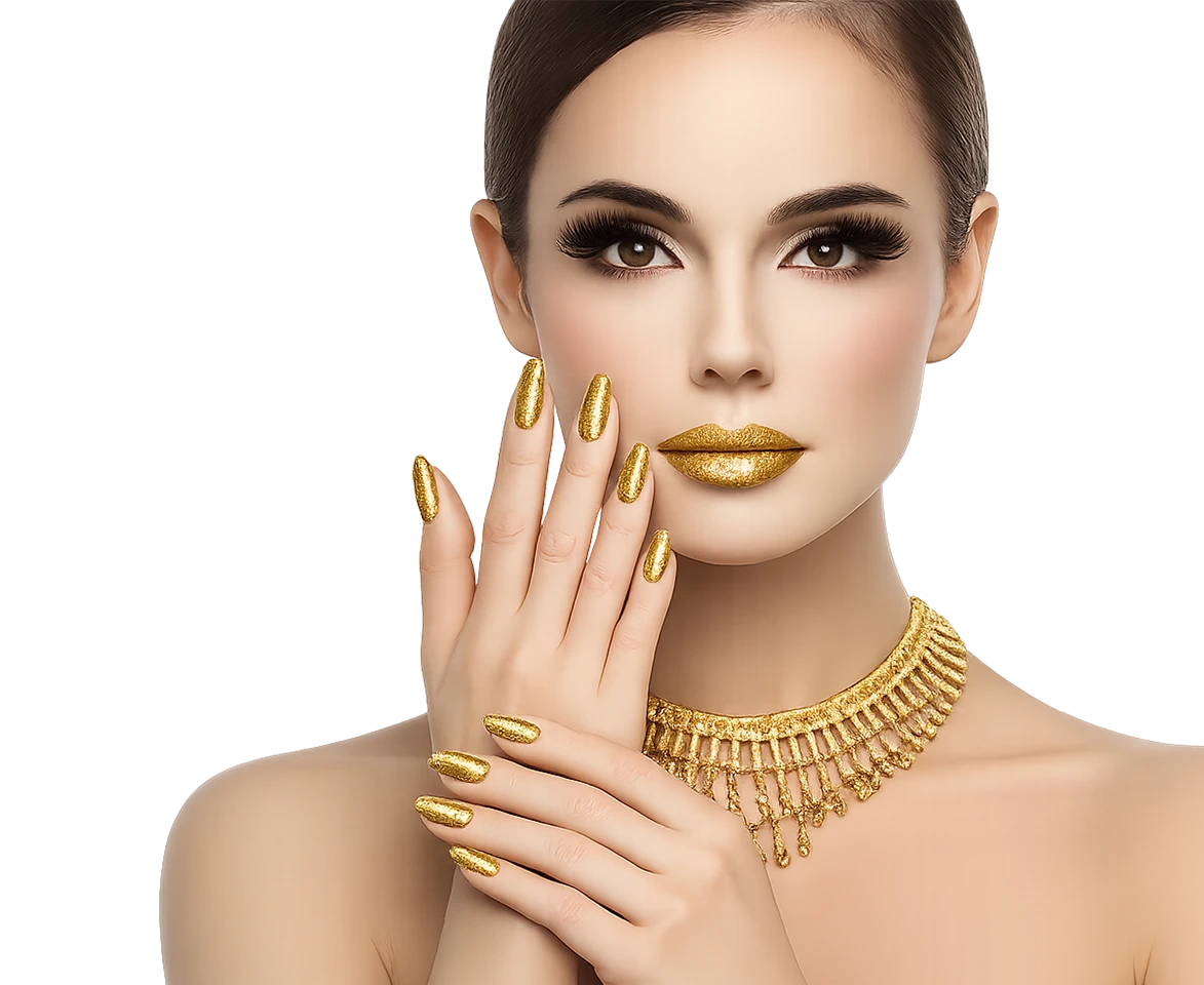 Woman Front View With Gold Hands, Lips, and Necklace